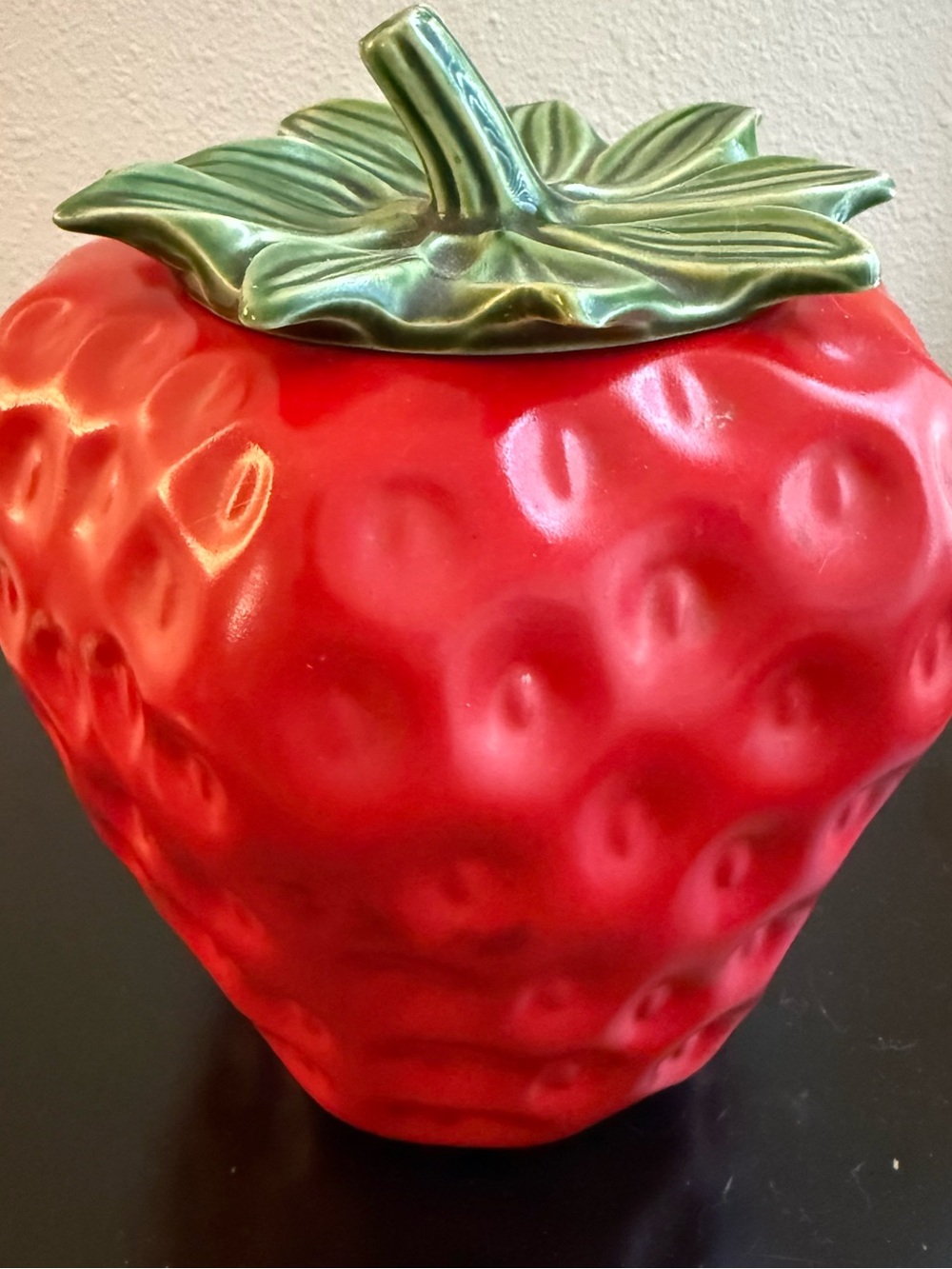 McCoy 1950’s Red Ceramic Strawberry Jar with Green Leaf Lid - Home Accents